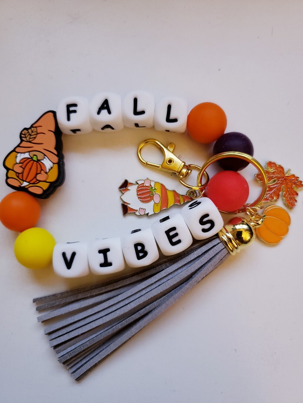 Handmade Fall Vibes Gnome Silicone Focal Bead Wristlet Keychain Bracelet